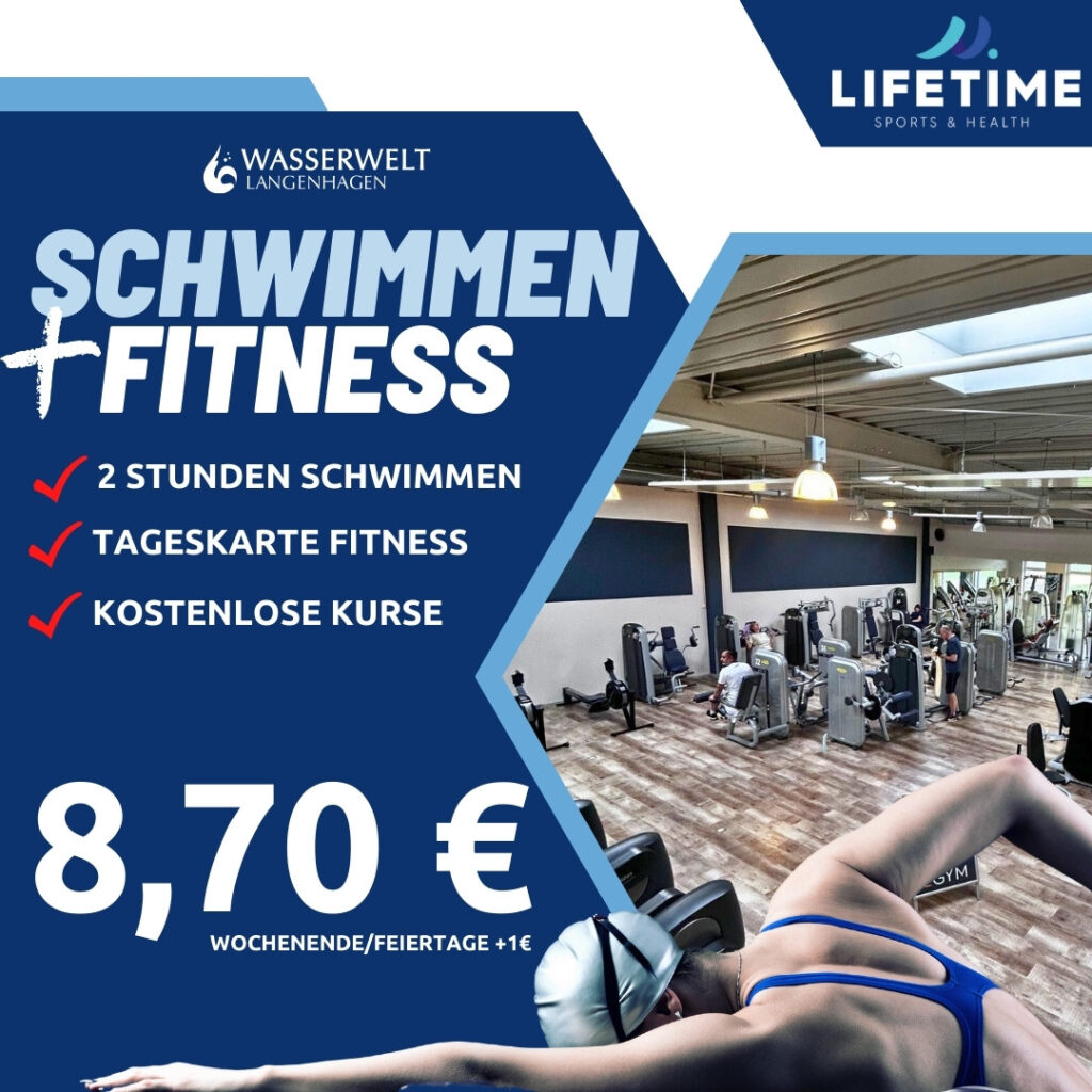 Frau die schwimmt, Bild von Fitnessstudio, Text mit Schwimmen + Fitness